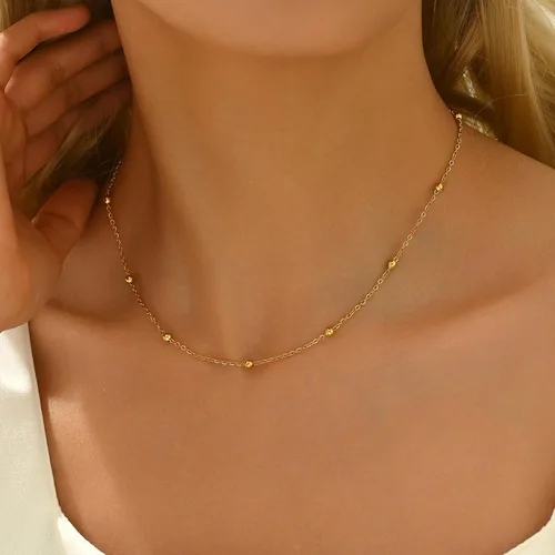 Vista 3 de Collar de cadena para mujer, delicado y sencillo, chapado en oro de 18 quilates, gargantilla con disco tipo moneda, trenzada, con cuentas, collar