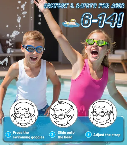Vista 5 de Swim Goggles for Kids 6-14, Anti-Fog UV Protection Clear Swimming Goggles, Leakproof Pool Swim Goggles for Boys Girls