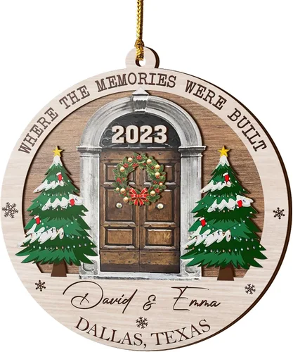 Vista 11 de V VIBEPY Adornos personalizados para casa nueva, adornos de Navidad para el hogar, adornos de madera de Navidad, 3.5 pulgadas, adornos de 3 capas