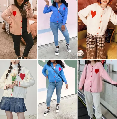 Vista 4 de FindThy Cárdigan lindo para mujer, suéter Kawaii Love Heart Print Y2K botón de punto prendas de abrigo
