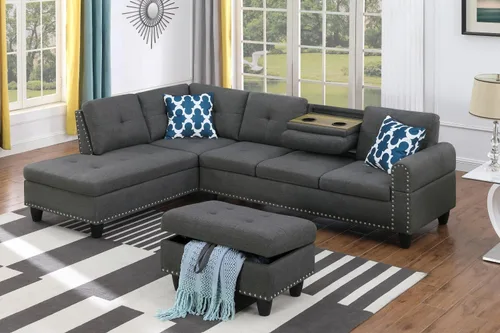 Vista 9 de EMKK Sofá modular de 3 piezas, juego de muebles de sala de estar, sofá esquinero tapizado de 5 plazas en forma de L, 1 diván gris oscuro