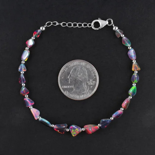 Vista 4 de Cuentas de piedra de ópalo de fuego etíope negro con pulsera de bola de plata para mujer, cristal curativo, joyería de piedra natal hecha a mano