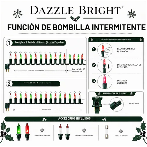 Vista 4 de Dazzle Bright - Guirnalda de luces navideñas mini rojas y verdes de 20 pies con 100 luces incandescentes impermeables, enchufables, decoraciones