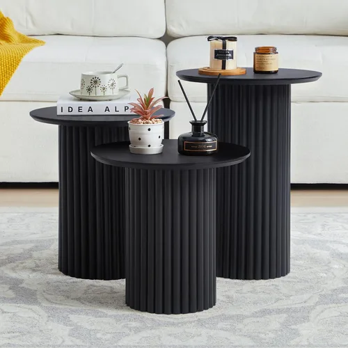 Vista 9 de Bifins Juego de 3 mesas redondas anidadas, mesa de café y mesa auxiliar de estilo Mid Century Modern con estrías, mesa lateral pequeña de madera