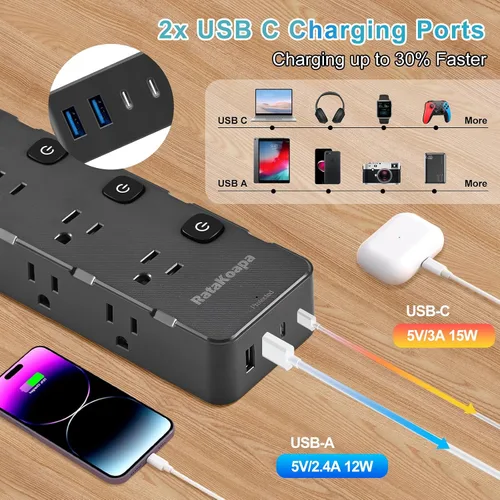 Vista 6 de Regleta de protección contra sobretensiones de 10 pies - 8 tomas de CA ampliamente espaciadas, 4 puertos USB (2 USB C), cable de extensión