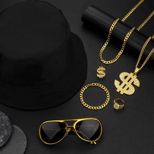 Vista 7 de Kit de disfraces de hip hop de los años 90 y 80 para hombres, accesorios de fiesta de rapero