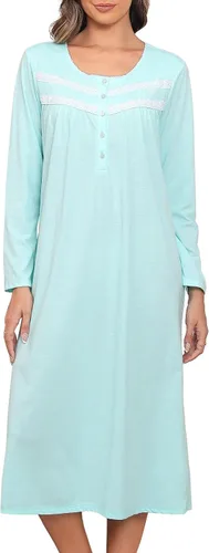 Vista 9 de Camisones largos de algodón para mujer, 100% algodón, vestido de noche de manga larga para mujer, ropa de dormir vintage A rosa