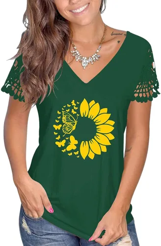 Vista 2 de Women V Neck Short Sleeve T Shirt Top Casual Slim Fit Summer Outer Wear Sunflower Print Women Tees & Blouses Daily Tunic Tops