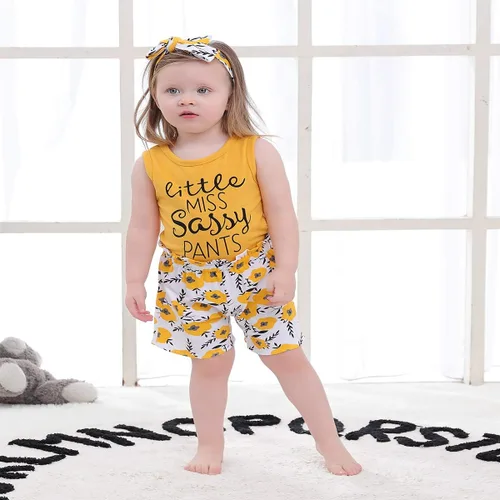Vista 4 de PigMaMa Conjunto de ropa para bebé niña de 3 piezas, sin mangas, camiseta sin mangas, pantalón de flores, diadema
