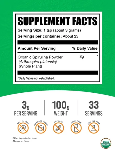 Vista 2 de BulkSupplements.com Espirulina Orgánica en Polvo - Superalimento, Polvo de Espirulina Verde, Suplemento Herbal - Apto para Veganos, 3g por Porción