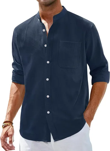 Vista 14 de Alimens & Gentle Camisas de algodón y lino para hombre, camisa de manga larga con botones, cuello de banda, camisas de playa