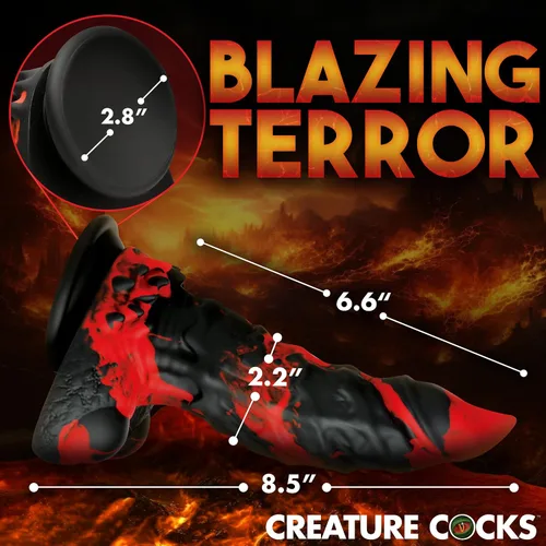 Vista 4 de CREATURE COCKS Consolador monstruo Fire Demon para hombres, mujeres y parejas. Firme y flexible, base de succión fuerte, consolador de fantasía