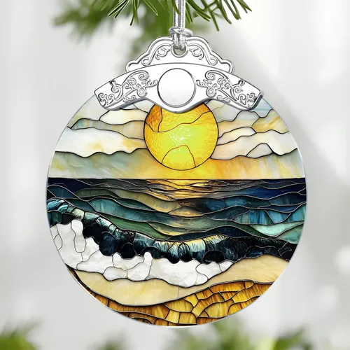 Vista 23 de Adorno de Vidrio Manchado de Puesta de Sol en la Playa, Adorno Navideño – Decoración de Árbol de Navidad, Decoración Festiva, Relleno de Calceti