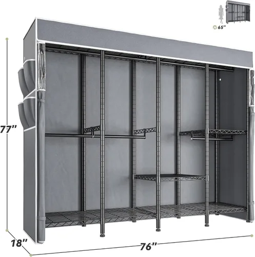Vista 7 de Raybee Perchero para ropa con cubierta, perchero para colgar ropa, armario portátil, ajustable, 1150LBS, 18" de profundidad x 76" de ancho x 77