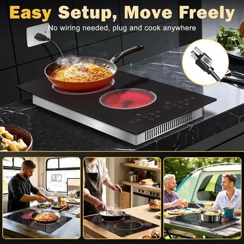 Vista 3 de Placa eléctrica de 2 quemadores, estufa eléctrica de 12 pulgadas, enchufe de 110 V Double Burner Countertop Stove 2000W, Timer, 9-Level
