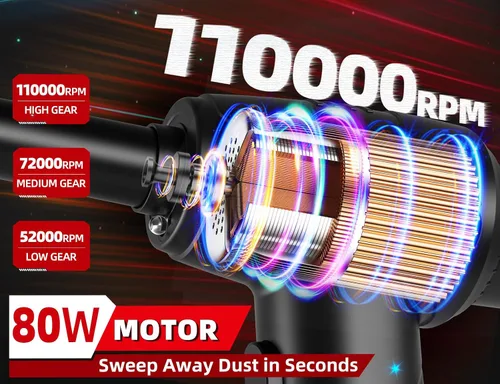 Vista 2 de Aspirador y aspirador de aire comprimido de 110000 RPM 2 en 1 con batería recargable de 7800 mAh y motor de 80 W, aspirador eléctrico de succión