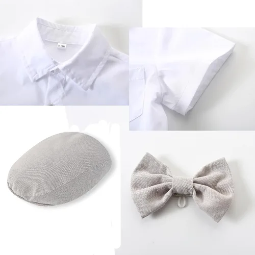 Vista 4 de Kimocat Conjunto de trajes de caballero para bebé, camisa corta de verano, corbatín + pantalones con babero, conjunto de ropa