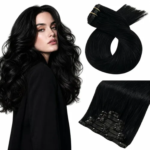 Vista 23 de Moresoo Genius - Extensiones de cabello humano real con clip, color negro azabache, invisibles, sin costuras, de trama de piel sintética