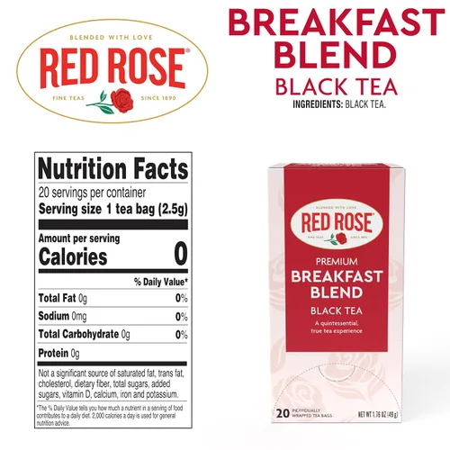 Vista 2 de Red Rose Té de desayuno especialmente mezclado fuerte y robusto té negro con 20 bolsas de té envueltas individualmente por caja que contiene