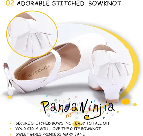 Vista 4 de PANDANINJIA Vestido de jada para niñas y niños pequeños, zapatos de princesa Mary Jane con tacones con lazo para fiesta, boda, boda