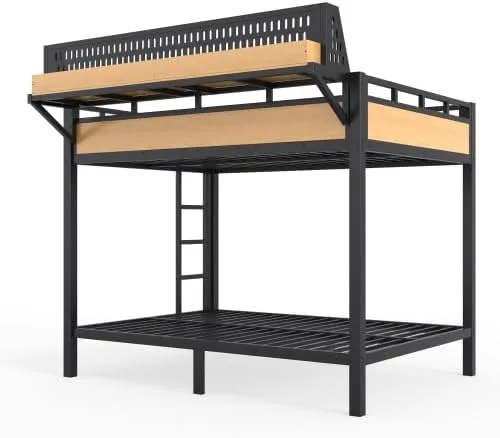 Vista 9 de Bellemave Litera de tamaño matrimonial con estantes de almacenamiento y tablero de clavijas, marco de cama de metal con puertos USB y luces LED