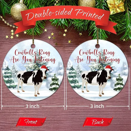 Vista 3 de Adorno redondo de cerámica de 3 pulgadas con diseño de campanillas de recuerdo de animales y vacas, colgante de árbol de nieve para adornos de árbol