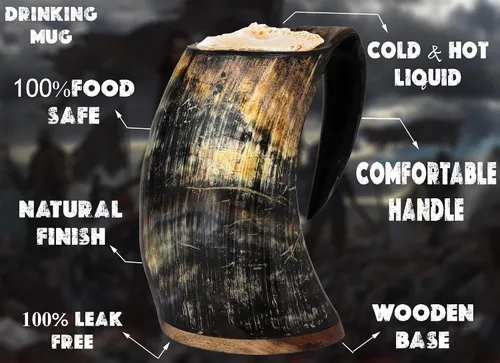 Vista 7 de Taza de cuerno vikingo de 16 onzas, juego de tronos, buey nórdico de grado alimenticio para bebidas frías calientes, regalo para hombres y mujeres