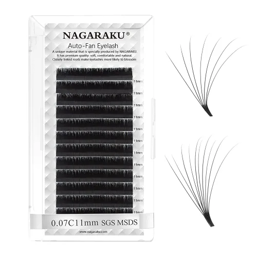 Vista 9 de NAGARAKU Extensiones de pestañas listas para colocar, forma de abanico, 3 capas, auto-floreciente, mega volumen, pestañas suaves pre-pegadas, 0.03 D