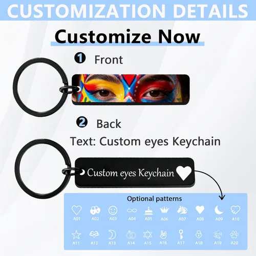 Vista 2 de Llavero grabado con texto y foto de ojo personalizado,Ojos personalizados personalizados llaveros de doble cara de acero inoxidable