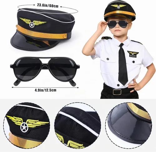 Vista 4 de Disfraz de piloto para niños, traje de avión con sombrero, accesorios