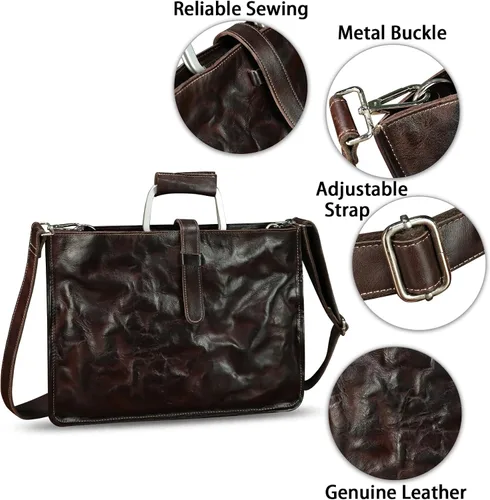 Vista 6 de Maletín delgado de cuero genuino para hombres y mujeres, bolso bandolera vintage para computadora portátil de negocios