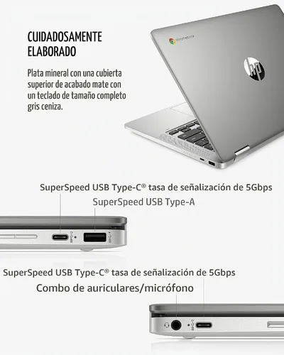 Vista 6 de HP - Laptop Chromebook x360 14a 2 en 1, Intel Pentium Silver N5000, 4 GB RAM, 64 GB eMMC, pantalla HD de 14", Chrome OS, cámara web, micrófonos