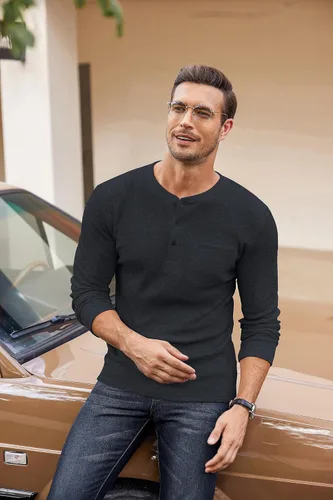 Vista 3 de COOFANDY Camisas Henley de manga larga para hombre con bolsillo