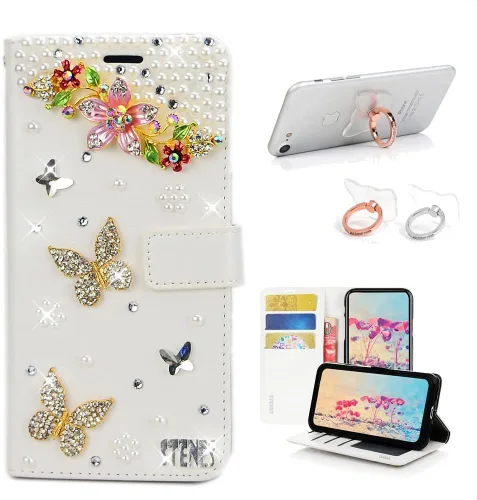 Vista 9 de Bling - Funda tipo cartera compatible con iPod Touch 5 y iPod Touch 6, elegante funda de piel con diseño de estrella y mariposa 3D hecha a mano