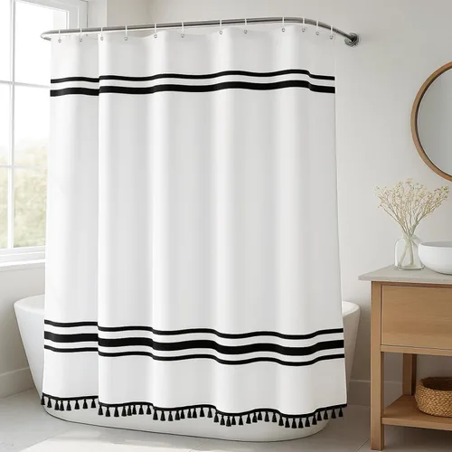 Vista 6 de Seasonwood Cortina de ducha en blanco y negro, cortina de ducha a rayas para baño, cortinas de ducha bohemias con borlas, cortinas de baño modernas