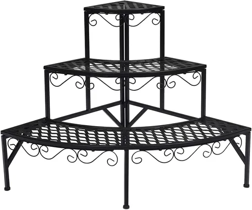 Vista 9 de Giantex Soporte esquinero de metal de 3 niveles, estante esquinero redondo para plantas con almohadillas antideslizantes, estante esquinero