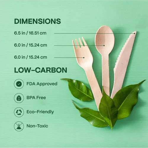 Vista 5 de Juego de cubiertos 100% compostables – 300 piezas de utensilios de madera compostables [120 tenedores, 90 cuchillos, 90 cucharas] – Cubiertos