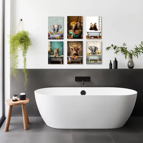 Vista 5 de QIXIANG Lienzo decorativo de oso para decoración de baño, diseño de oso divertido en la bañera, impresiones de imágenes de tema moderno de animales