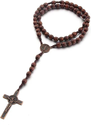 Vista 3 de Collar de madera hecho a mano con cuentas de madera de rosario católico crucifijo cruz colgante collar Belén oración cristiana santa Jerusalén