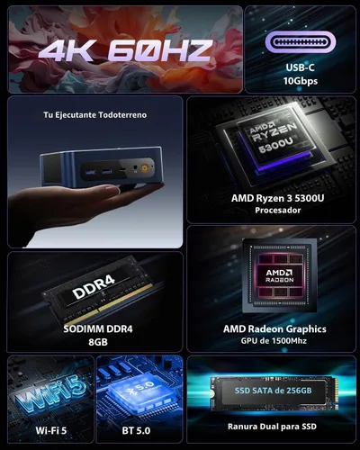 Vista 2 de BOSGAME Mini PC E5 11 Pro, AMD Ryzen 5300U 4C/8T, PC de oficina en casa de Azul