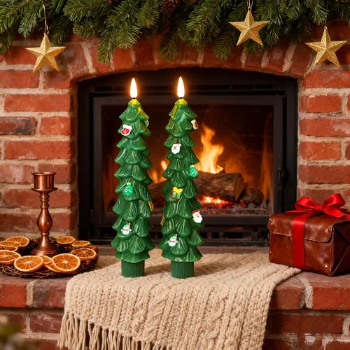 Vista 4 de 3 Piezas Velas de Árbol de Navidad Sin Llama con Control Remoto y Temporizador, Funcionan con Baterías con Llama Parpadeante 3D, Velas Cónicas de 7