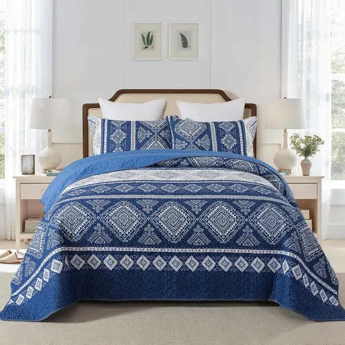 Vista 10 de NEWLAKE Juego de colchas tamaño queen, conjunto de colcha de algodón con diseño de retazos en colores azul y negro con patrones a cuadros, colcha
