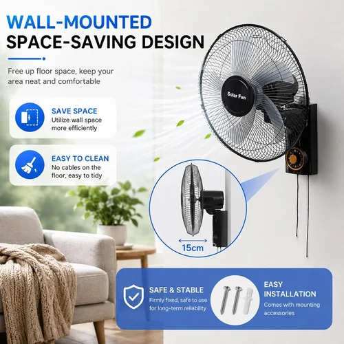 Vista 7 de Ventilador solar de montaje en pared de 16 pulgadas, ventiladores de doble potencia con panel solar de 20 W, oscilación de 90°, ventilador