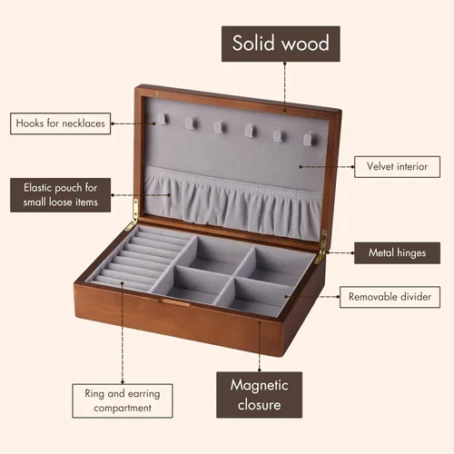 Vista 4 de EURIELK ek005-m-marrón - Joyero de madera maciza para mujer, tamaño mediano, organizador antiguo de madera maciza natural con gran almacenamiento