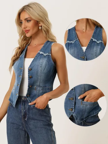 Vista 2 de Allegra K Chaleco de mezclilla para mujer, sin mangas, con cuello en V, lavado y desgastado