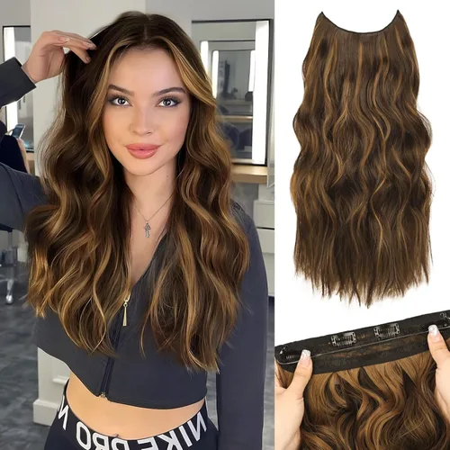 Vista 7 de Extensiones de Cabello con Alambre Invisible - Extensiones de Cabello Halo de 14 Pulgadas Largas Onduladas Postizo Sintético con Alambre