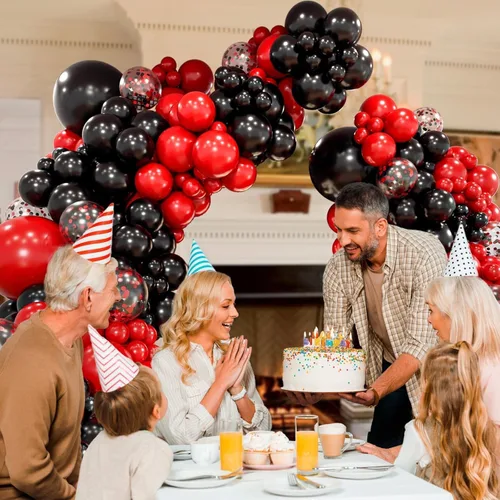 Vista 6 de Kit de guirnalda de arco de globos rojos y negros con globos de confeti negro y rojo para graduación, aniversario, San Valentín, Año Nuevo