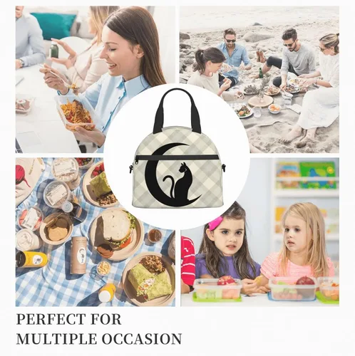 Vista 8 de Bolsa de almuerzo con diseño de gato negro a cuadros, reutilizable, aislada, bolsa de almuerzo con correa de hombro ajustable para oficina, trabajo