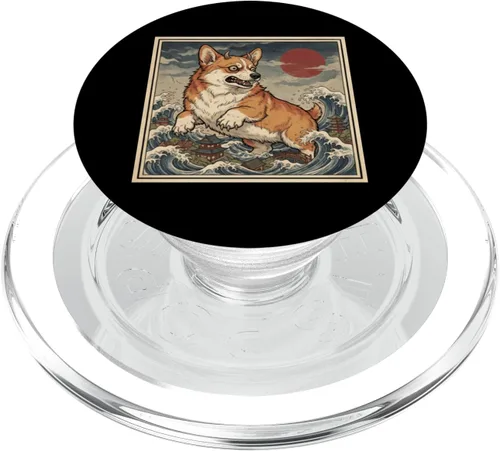 Vista 7 de Giant Corgi Monster Over Japanese Ocean Waves PopSockets Adhesive PopGrip