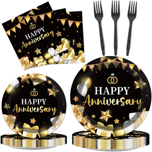 Vista 30 de 96 Piezas Platos de Papel Servilletas Tenedores para Fiesta de 50 Aniversario Empleado Carrera Boda 50 Aniversario Oro Negro Vajilla Desechable